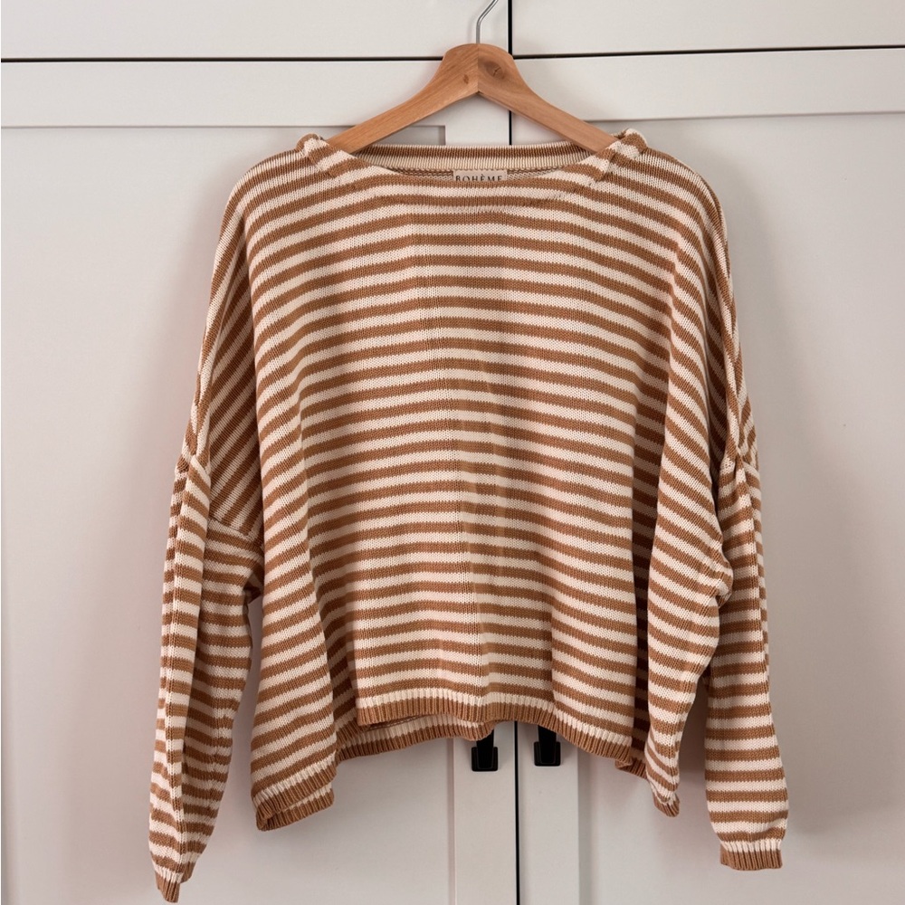 Boheme - Beige Boatneck Stripe Knit Pullover